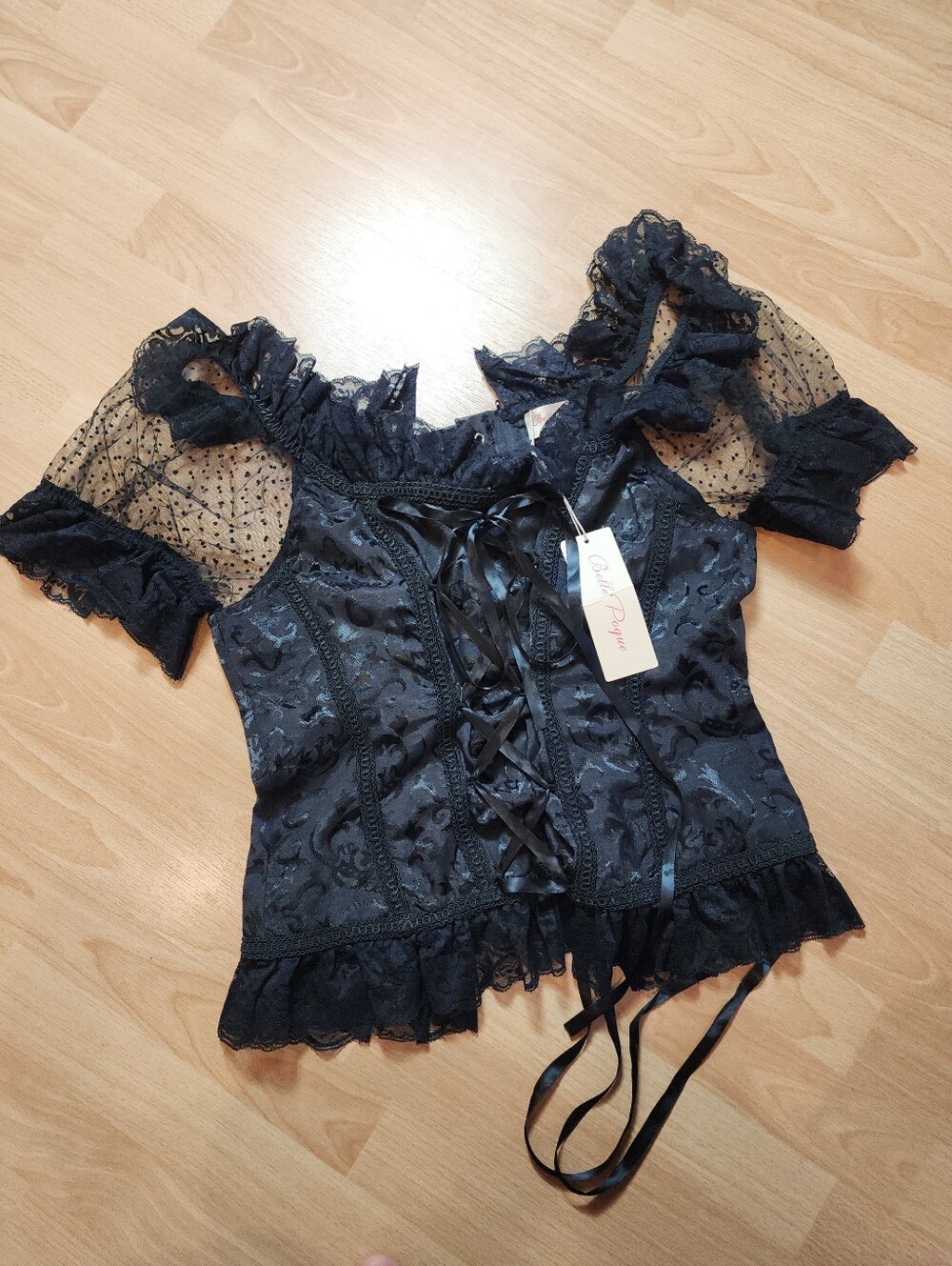 NWT Belle Poque Corset Style Lace Puff Sleeve Jacquard Black Top Size XL